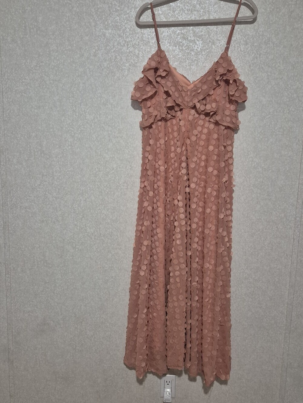 ROSEVELVET Spaghetti-Strap Dusty Rose Maxi Dress-Textured Polka Motif-Size:L - Picture 7 of 13